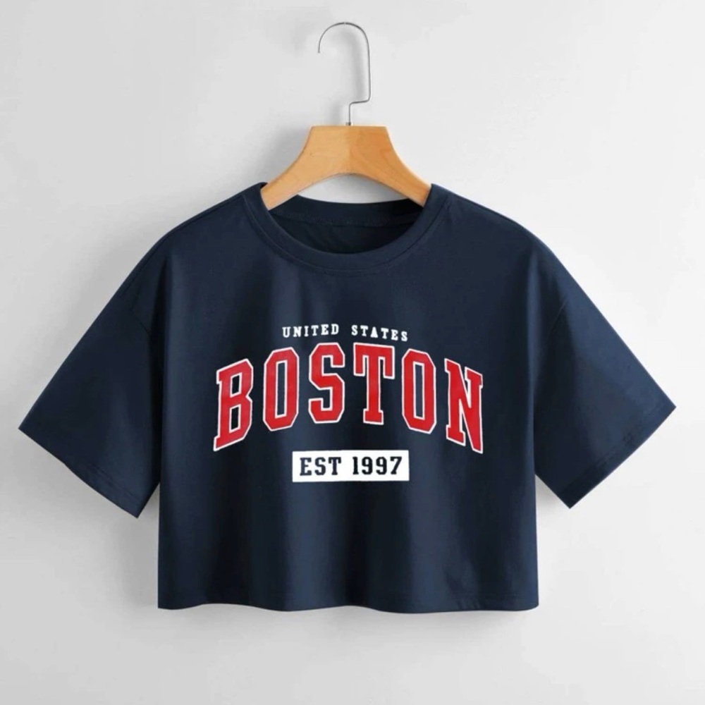 Navy “Boston” Cropped Tee